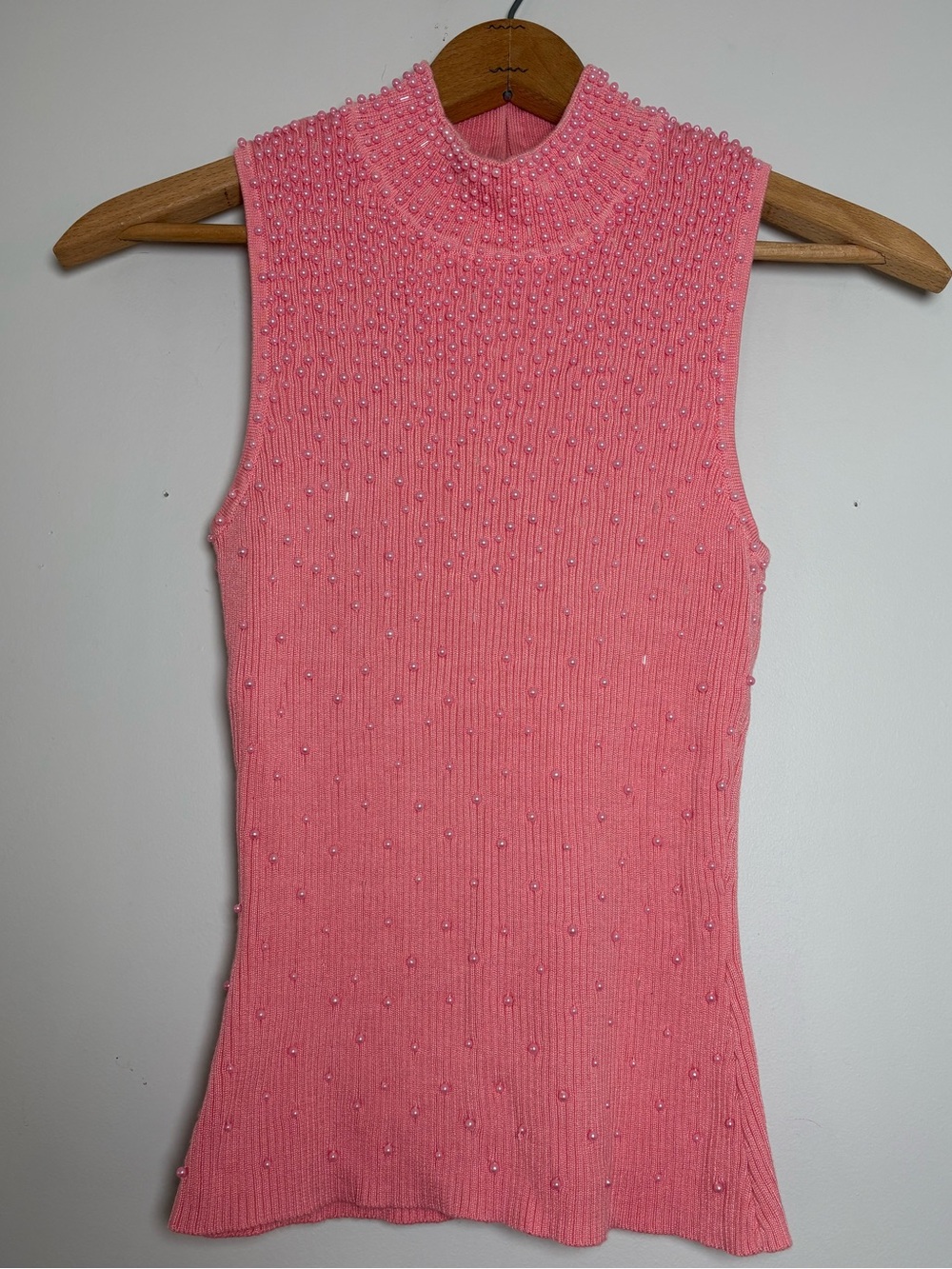 Vintage Y2K Cache Pink Pearl Beaded Sleeveless Knit Top Size M 2000s